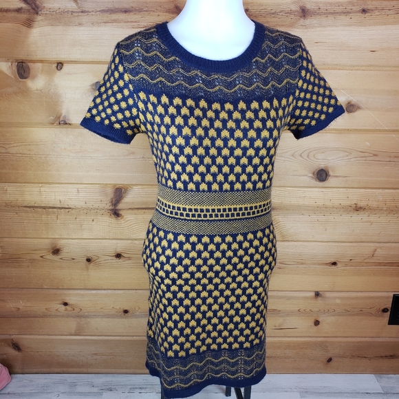 Romeo + Juliet sweater dress bodycon knee navy mustard Small knit shortsleeved - Picture 7 of 8